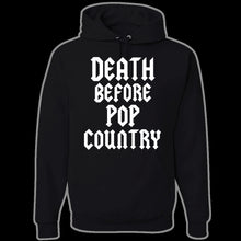 Load image into Gallery viewer, Death Before Pop Country logo Hoodie with DBPC Wolf