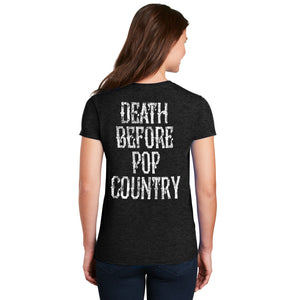 Finger of Fire with Death Before Pop Country on Back! Classic Country inspired T-shirt: Men's and Women's styles available.