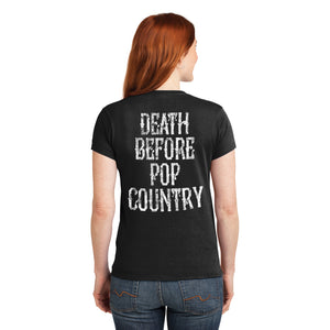 Drifting Troubadour with Death Before Pop Country on Back! Classic Country inspired T-shirt: Men's and Women's styles available.