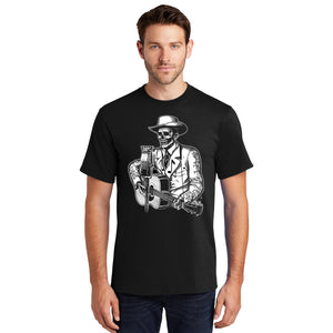 Drifting Troubadour with Death Before Pop Country on Back! Classic Country inspired T-shirt: Men's and Women's styles available.